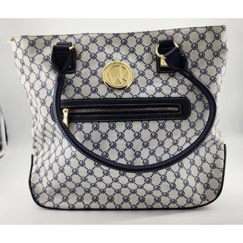 Wendy Keen Monogram‎ Shoulder Purse Tote Bag Blue/White Faux Leather 14"×13"